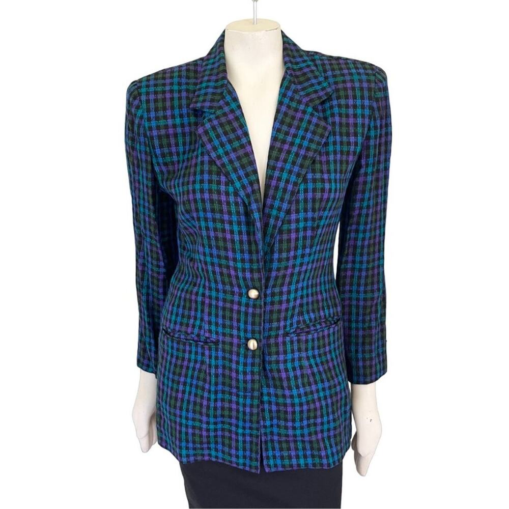 VTG 80s CHRISTY GIRL Lightweight Gold Button Structured Plaid Blazer  SZ 6